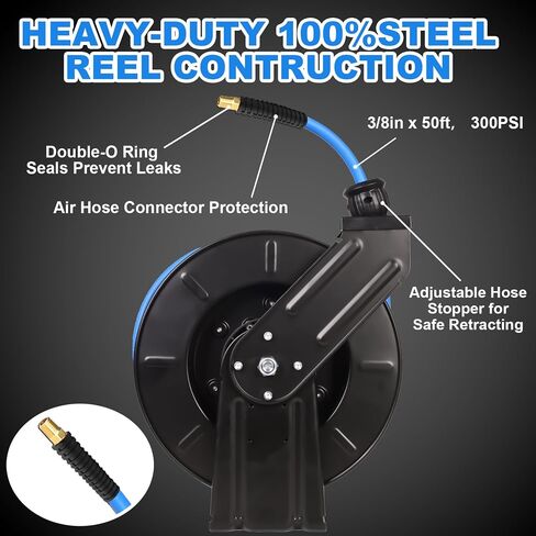 Heavy Duty Retractable Air Hose Reel, 3/8 IN x 50 FT Hybrid Air Hose, Max 300PSI Air Compressor Hose Reel with Auto Rewind, Ceiling/Wall Mount Single Arm Premium Steel Reel for Garage Workshop in Saudi Arabia