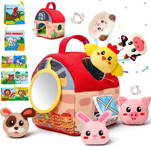 Baby Toys 6-12 Months, Barn Farm Stuffed Animals Sensory Newborn Toys for Babies Toddlers 1-3 Year Old with Rattle Crinkle Paper/Mirror/Cloth Books, Montessori Infant Toys for Boy Girl Birthday Gifts in Saudi Arabia