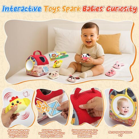 Baby Toys 6-12 Months, Barn Farm Stuffed Animals Sensory Newborn Toys for Babies Toddlers 1-3 Year Old with Rattle Crinkle Paper/Mirror/Cloth Books, Montessori Infant Toys for Boy Girl Birthday Gifts in Saudi Arabia