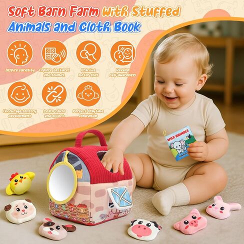 Baby Toys 6-12 Months, Barn Farm Stuffed Animals Sensory Newborn Toys for Babies Toddlers 1-3 Year Old with Rattle Crinkle Paper/Mirror/Cloth Books, Montessori Infant Toys for Boy Girl Birthday Gifts in Saudi Arabia
