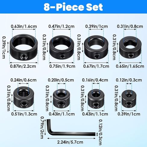توقف العمق لقمة الحفر 8 مقاسات 1/8 بوصة، 3/16 بوصة، 1/4 بوصة، 5/16 بوصة، 3/8 بوصة، 7/16 بوصة، 1/2 بوصة، 5/8 بوصة طوق لولبي بعمود معدني مع مفتاح ألين، أطواق إيقاف عمق لقمة الحفر من الفولاذ الكربوني العالي للحفر الدقيق in Kuwait