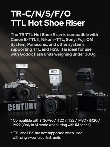 Godox TR-C TTL Hot Shoe Riser لكاميرات Canon، تعديل زاوية 0-90 درجة، زيادة الارتفاع 30 مم، تقليل ظل العدسة متوافق مع Godox iT30 Pro C، iT20 C، iT22C، iM30، iM20، iM22 Mini Flash in Kuwait