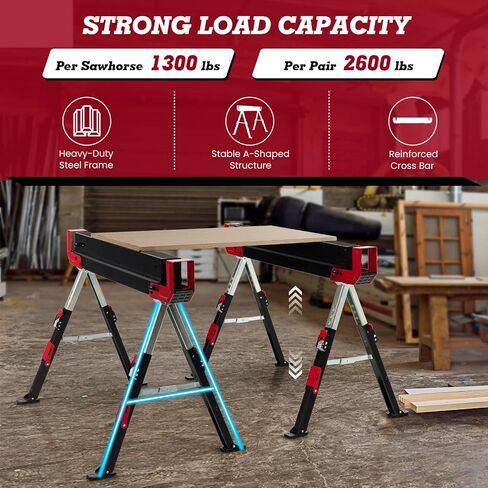 Goplus Saw Horses 2 Pack, 2600 LBS Height Adjustable Sawhorses w/ 2X4 Brackets & Side Supports, Portable Folding Work Horse w/ Press-To-Release Legs, Heavy-Duty Saw Horses for DIY & Woodworking Project in Saudi Arabia