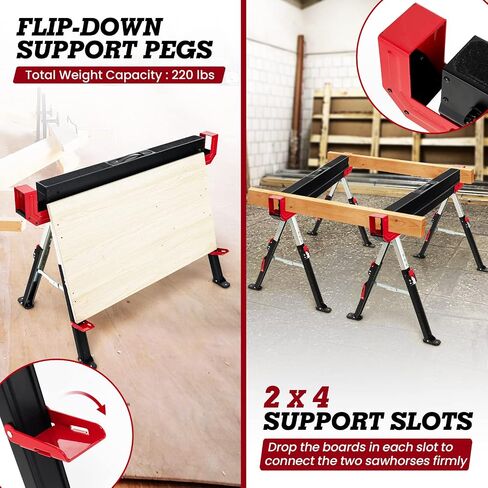 Goplus Saw Horses 2 Pack, 2600 LBS Height Adjustable Sawhorses w/ 2X4 Brackets & Side Supports, Portable Folding Work Horse w/ Press-To-Release Legs, Heavy-Duty Saw Horses for DIY & Woodworking Project in Saudi Arabia