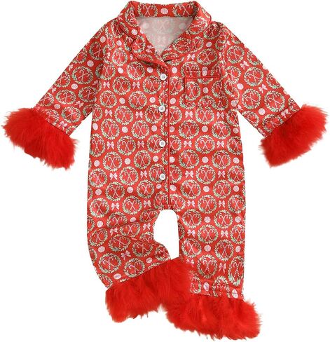 FULA-bao Newborn Baby Girl Christmas Silk Pajamas Feather Trim Long Sleeve Button Up Candy Cane Santa Bow Satin Pjs Jumpsuit in Saudi Arabia