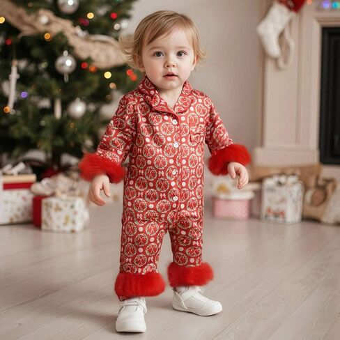 FULA-bao Newborn Baby Girl Christmas Silk Pajamas Feather Trim Long Sleeve Button Up Candy Cane Santa Bow Satin Pjs Jumpsuit in Saudi Arabia