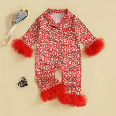 FULA-bao Newborn Baby Girl Christmas Silk Pajamas Feather Trim Long Sleeve Button Up Candy Cane Santa Bow Satin Pjs Jumpsuit in Saudi Arabia