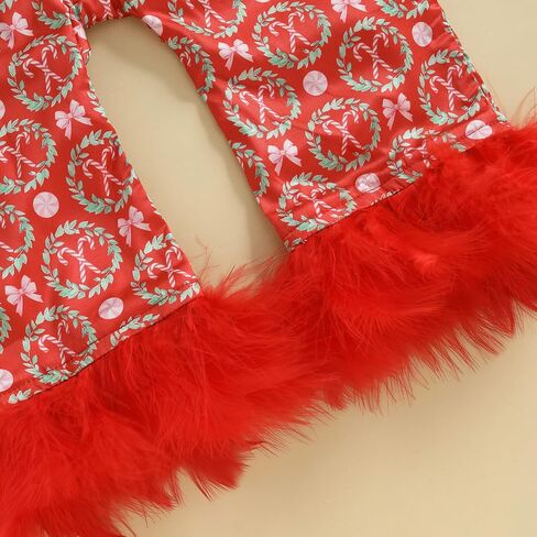 FULA-bao Newborn Baby Girl Christmas Silk Pajamas Feather Trim Long Sleeve Button Up Candy Cane Santa Bow Satin Pjs Jumpsuit in Saudi Arabia