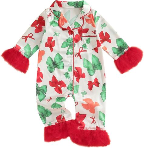 FULA-bao Newborn Baby Girl Christmas Silk Pajamas Feather Trim Long Sleeve Button Up Candy Cane Santa Bow Satin Pjs Jumpsuit in Saudi Arabia