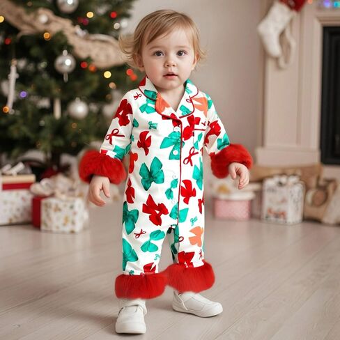 FULA-bao Newborn Baby Girl Christmas Silk Pajamas Feather Trim Long Sleeve Button Up Candy Cane Santa Bow Satin Pjs Jumpsuit in Saudi Arabia