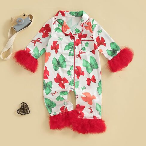 FULA-bao Newborn Baby Girl Christmas Silk Pajamas Feather Trim Long Sleeve Button Up Candy Cane Santa Bow Satin Pjs Jumpsuit in Saudi Arabia