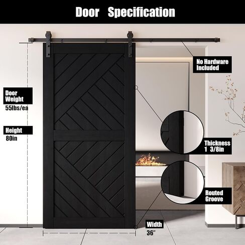 Homacer 42 in. x 80 in. Black 8-in-1 Geometric Design Finished & Unassembled Pine Wood Barn Door (Interior Use Only) in Kuwait