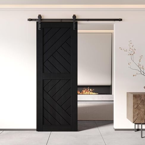 Homacer 26 in. x 80 in. Black 8-in-1 Geometric Design Finished & Unassembled Pine Wood Barn Door (Interior Use Only) in Saudi Arabia