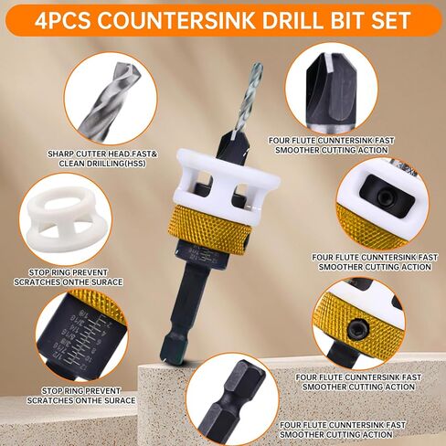 4PCS Countersink Drill Bit Set，with Depth Stop Friction，Four Blades Countersink Drill bits with Low Friction Depth Stop，Applicable Countersink Drill bit Set for Wood& Hand Tools in Saudi Arabia
