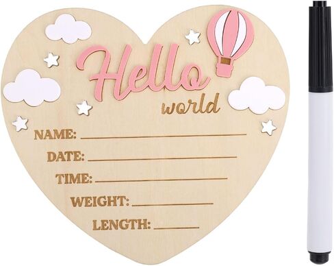Hello World Newborn Sign, Heart Shape Basswood Newborn Birth Name Sign Welcome New Baby Announcement Board for Nursery Home Decor Decorations Baby Shower Gifts (Hot Air Balloons) in Saudi Arabia