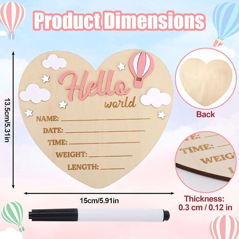 Hello World Newborn Sign, Heart Shape Basswood Newborn Birth Name Sign Welcome New Baby Announcement Board for Nursery Home Decor Decorations Baby Shower Gifts (Hot Air Balloons) in Saudi Arabia