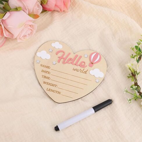 Hello World Newborn Sign, Heart Shape Basswood Newborn Birth Name Sign Welcome New Baby Announcement Board for Nursery Home Decor Decorations Baby Shower Gifts (Hot Air Balloons) in Saudi Arabia