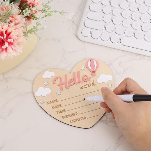 Hello World Newborn Sign, Heart Shape Basswood Newborn Birth Name Sign Welcome New Baby Announcement Board for Nursery Home Decor Decorations Baby Shower Gifts (Hot Air Balloons) in Saudi Arabia