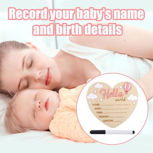 Hello World Newborn Sign, Heart Shape Basswood Newborn Birth Name Sign Welcome New Baby Announcement Board for Nursery Home Decor Decorations Baby Shower Gifts (Hot Air Balloons) in Saudi Arabia