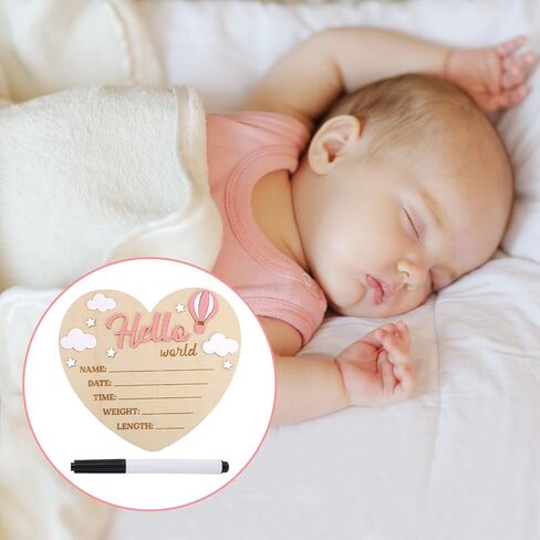 Hello World Newborn Sign, Heart Shape Basswood Newborn Birth Name Sign Welcome New Baby Announcement Board for Nursery Home Decor Decorations Baby Shower Gifts (Hot Air Balloons) in Saudi Arabia