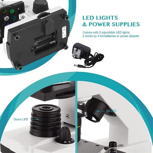 مجهر بيولوجي أحادي العين 64X-640X للطلاب والأطفال، إضاءة LED، رأس دوار 360 درجة، إضاءة لأعلى/لأسفل، مجهر تعليمي مع شرائح in Saudi Arabia
