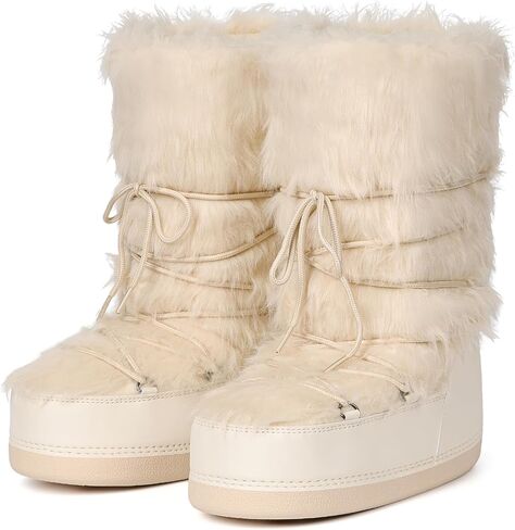 IXU Women's Fuzzy Snow Boots Winter Mid Calf Faux Fur Boots Lace-up Warm Winter Boot in Saudi Arabia