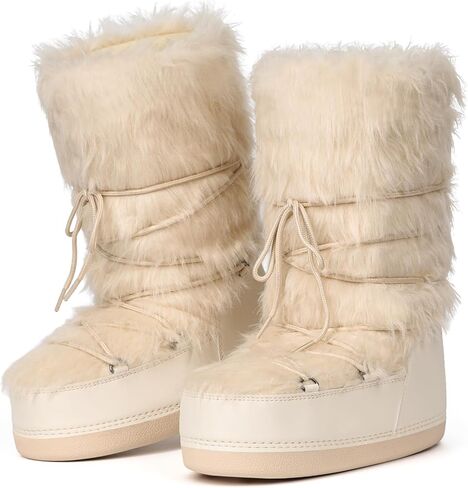 IXU Women's Fuzzy Snow Boots Winter Mid Calf Faux Fur Boots Lace-up Warm Winter Boot in Saudi Arabia