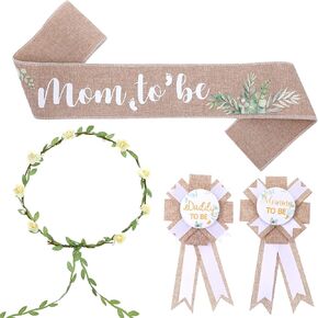 5pcs Neutral Burlap Dad to Be Pin Mom to Be Sash Baby Shower Decorations, Eucalyptus Baby Shower Sash Corsage Pin and Flower Crown Gender Reveals Party Decorations in Kuwait