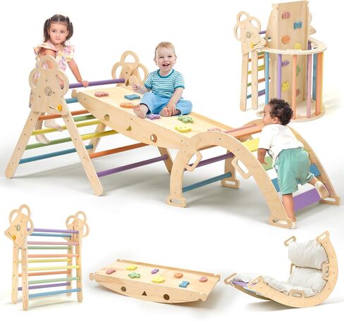Pikler Triangle Set with Cushion, 9-in-1 Foldable Wooden Climbing Toys for Toddlers, Indoor Montessori Jungle Gym Set for Baby & Kid in Saudi Arabia