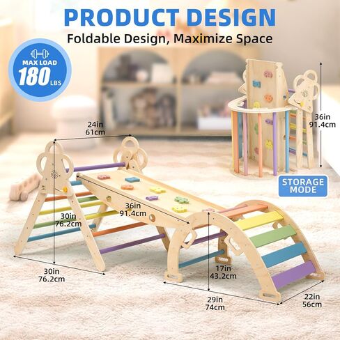 Pikler Triangle Set with Cushion, 9-in-1 Foldable Wooden Climbing Toys for Toddlers, Indoor Montessori Jungle Gym Set for Baby & Kid in Saudi Arabia