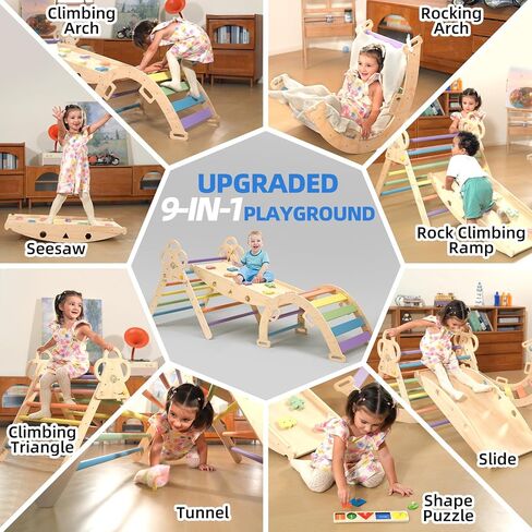 Pikler Triangle Set with Cushion, 9-in-1 Foldable Wooden Climbing Toys for Toddlers, Indoor Montessori Jungle Gym Set for Baby & Kid in Saudi Arabia