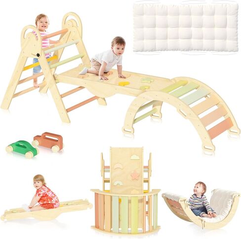 Pikler Triangle Set, Baby Climbing Playset Toys Indoor, Jungle Gyms for Toddlers Ages 1-4, Toddler Climbing Playground with Cushion & Toy Car in Saudi Arabia