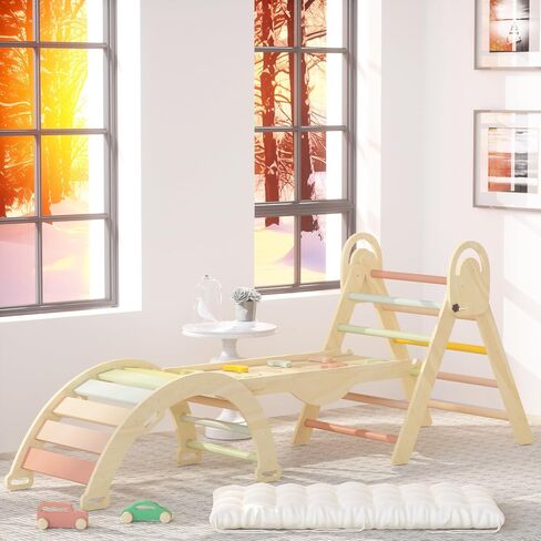Pikler Triangle Set, Baby Climbing Playset Toys Indoor, Jungle Gyms for Toddlers Ages 1-4, Toddler Climbing Playground with Cushion & Toy Car in Saudi Arabia