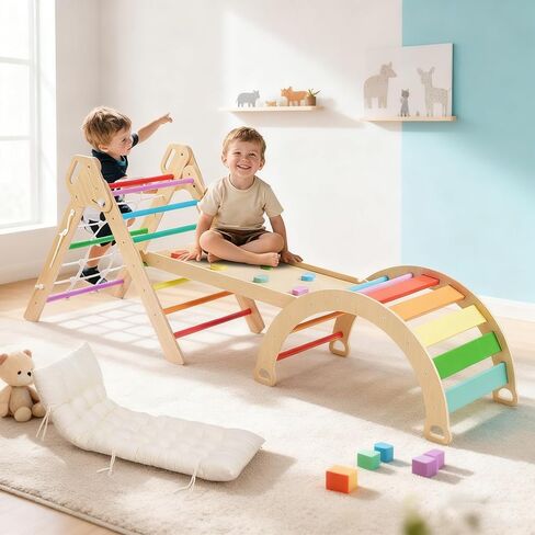 Pikler Triangle Climbing Set with Cushion, 7 in 1 Foldable Wooden Climbing Toys for Toddlers 1-3, Montessori Indoor Playground Toddler Jungle Gym with Ramp & Arch, Rainbow in Saudi Arabia