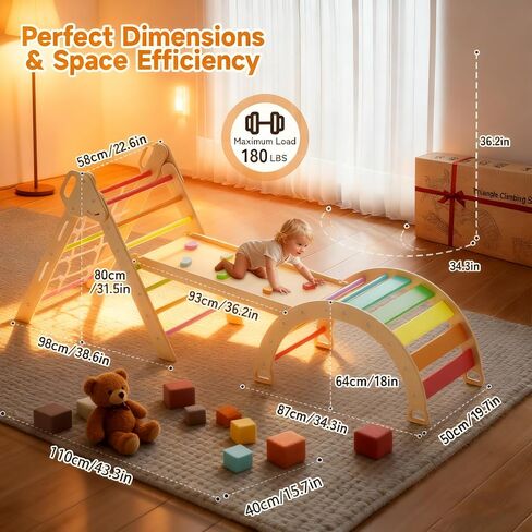 Pikler Triangle Climbing Set with Cushion, 7 in 1 Foldable Wooden Climbing Toys for Toddlers 1-3, Montessori Indoor Playground Toddler Jungle Gym with Ramp & Arch, Rainbow in Saudi Arabia