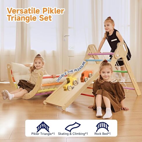 Pikler Triangle Climbing Set with Cushion, 7 in 1 Foldable Wooden Climbing Toys for Toddlers 1-3, Montessori Indoor Playground Toddler Jungle Gym with Ramp & Arch, Rainbow in Saudi Arabia