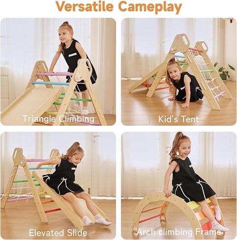 Pikler Triangle Climbing Set with Cushion, 7 in 1 Foldable Wooden Climbing Toys for Toddlers 1-3, Montessori Indoor Playground Toddler Jungle Gym with Ramp & Arch, Rainbow in Saudi Arabia