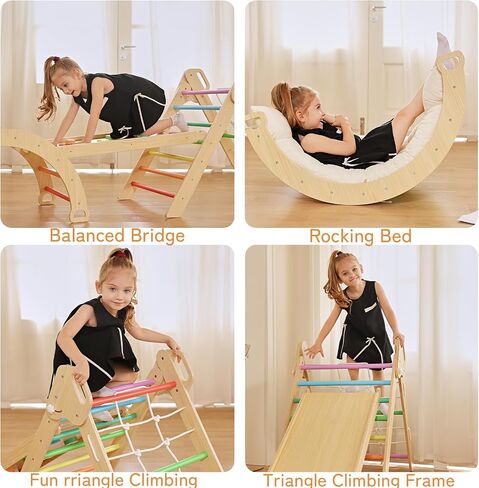 Pikler Triangle Climbing Set with Cushion, 7 in 1 Foldable Wooden Climbing Toys for Toddlers 1-3, Montessori Indoor Playground Toddler Jungle Gym with Ramp & Arch, Rainbow in Saudi Arabia