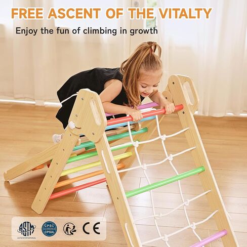 Pikler Triangle Climbing Set with Cushion, 7 in 1 Foldable Wooden Climbing Toys for Toddlers 1-3, Montessori Indoor Playground Toddler Jungle Gym with Ramp & Arch, Rainbow in Saudi Arabia