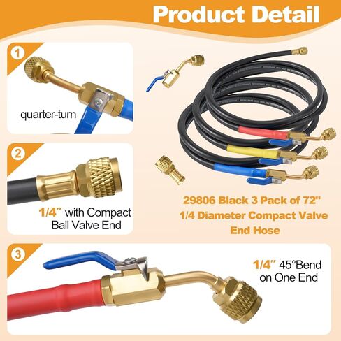 Refrigerant Hose 29806 72" 1/4 Diameter with Compact Ball Valve Compatible with Yellow Jacket, 800 PSI Working Pressure, Havc Hose with Standard 1/4" Flare Fittings for R410A R134A R1234yf, 3 Pack in Kuwait