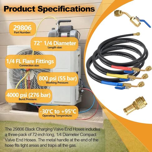Refrigerant Hose 29806 72" 1/4 Diameter with Compact Ball Valve Compatible with Yellow Jacket, 800 PSI Working Pressure, Havc Hose with Standard 1/4" Flare Fittings for R410A R134A R1234yf, 3 Pack in Kuwait