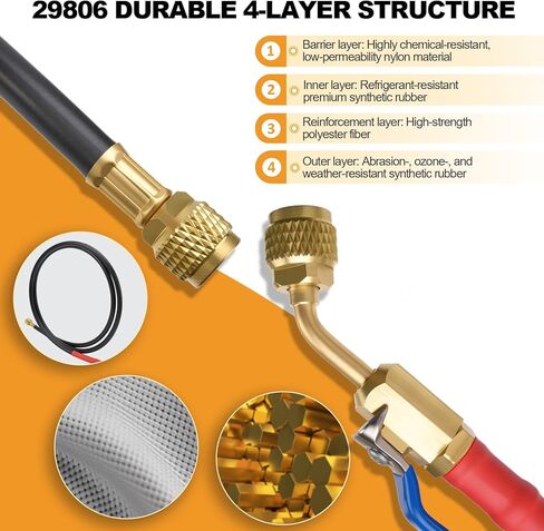 Refrigerant Hose 29806 72" 1/4 Diameter with Compact Ball Valve Compatible with Yellow Jacket, 800 PSI Working Pressure, Havc Hose with Standard 1/4" Flare Fittings for R410A R134A R1234yf, 3 Pack in Kuwait
