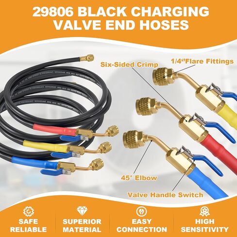 Refrigerant Hose 29806 72" 1/4 Diameter with Compact Ball Valve Compatible with Yellow Jacket, 800 PSI Working Pressure, Havc Hose with Standard 1/4" Flare Fittings for R410A R134A R1234yf, 3 Pack in Kuwait