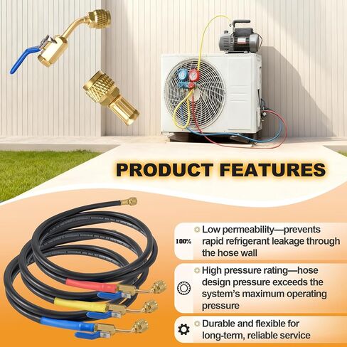 Refrigerant Hose 29806 72" 1/4 Diameter with Compact Ball Valve Compatible with Yellow Jacket, 800 PSI Working Pressure, Havc Hose with Standard 1/4" Flare Fittings for R410A R134A R1234yf, 3 Pack in Kuwait
