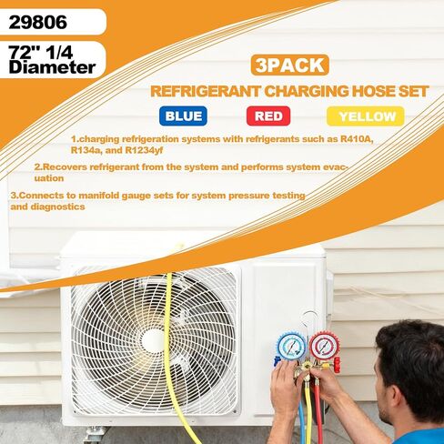 Refrigerant Hose 29806 72" 1/4 Diameter with Compact Ball Valve Compatible with Yellow Jacket, 800 PSI Working Pressure, Havc Hose with Standard 1/4" Flare Fittings for R410A R134A R1234yf, 3 Pack in Kuwait