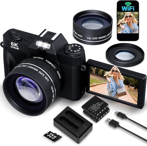 كاميرا رقمية بدقة 6K بدقة 64 ميجابكسل للتصوير الفوتوغرافي وكاميرا تسجيل فيديو لليوتيوب، وشاشة قابلة للطي بزاوية 180 درجة، وتركيز تلقائي للتكبير 16X، وكاميرا تجميل مدمجة للسفر للمراهقين، بطاريتان، مع عدسة 52 مم، وبطاقة SD سعة 32 جيجابايت in Saudi Arabia