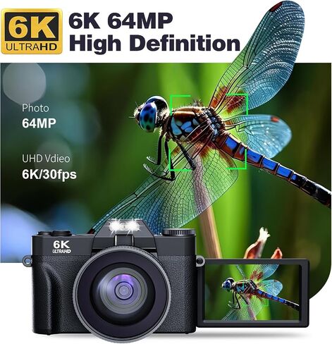 كاميرا رقمية بدقة 6K بدقة 64 ميجابكسل للتصوير الفوتوغرافي وكاميرا تسجيل فيديو لليوتيوب، وشاشة قابلة للطي بزاوية 180 درجة، وتركيز تلقائي للتكبير 16X، وكاميرا تجميل مدمجة للسفر للمراهقين، بطاريتان، مع عدسة 52 مم، وبطاقة SD سعة 32 جيجابايت in Saudi Arabia