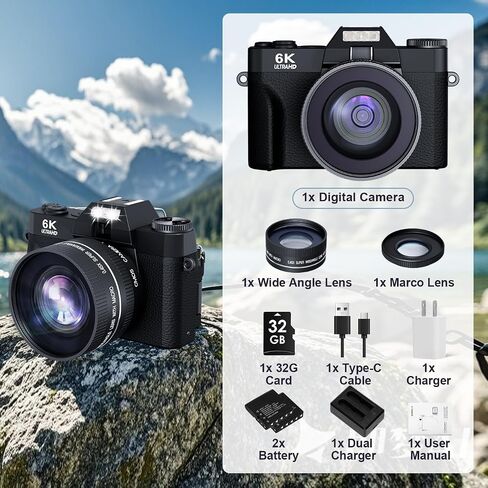 كاميرا رقمية بدقة 6K بدقة 64 ميجابكسل للتصوير الفوتوغرافي وكاميرا تسجيل فيديو لليوتيوب، وشاشة قابلة للطي بزاوية 180 درجة، وتركيز تلقائي للتكبير 16X، وكاميرا تجميل مدمجة للسفر للمراهقين، بطاريتان، مع عدسة 52 مم، وبطاقة SD سعة 32 جيجابايت in Saudi Arabia
