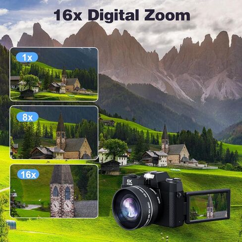 كاميرا رقمية بدقة 6K بدقة 64 ميجابكسل للتصوير الفوتوغرافي وكاميرا تسجيل فيديو لليوتيوب، وشاشة قابلة للطي بزاوية 180 درجة، وتركيز تلقائي للتكبير 16X، وكاميرا تجميل مدمجة للسفر للمراهقين، بطاريتان، مع عدسة 52 مم، وبطاقة SD سعة 32 جيجابايت in Saudi Arabia