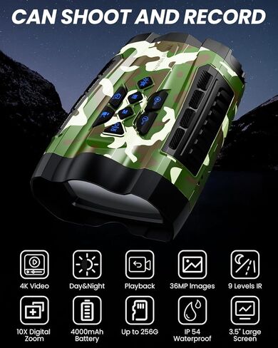 نظارات للرؤية الليلية، مناظير 4K مع كاميرا، شاشة عالية الدقة 3.5 بوصة وبطاقة TF سعة 32 جيجابايت، رؤية ليلية 9 تروس، تكبير رقمي 10X، رؤية ليلية ببطارية 4000 مللي أمبير في الساعة in Kuwait